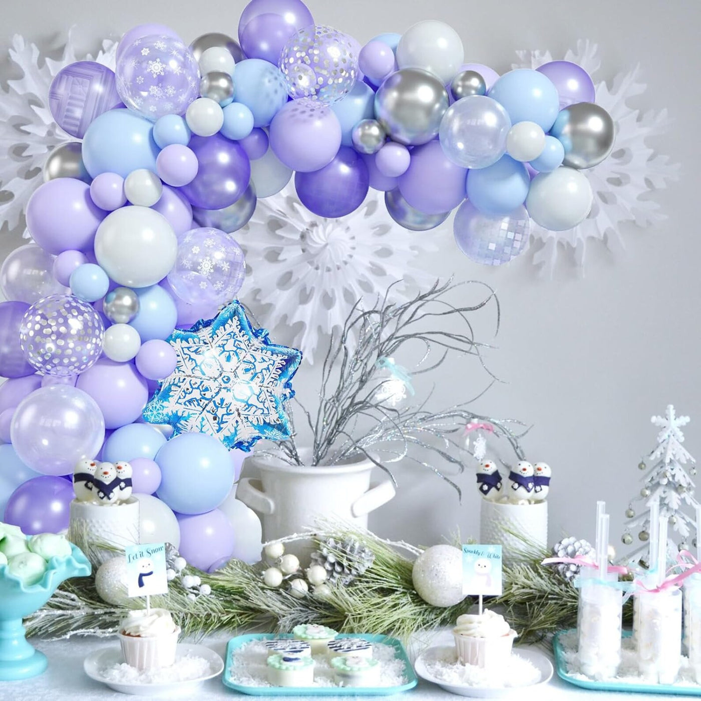 Create a magical winter wonderland with this Frozen Balloon Garland Arch Kit. Our design features carefully selected high-quality double-layered pastel purple, blue and white balloons with thick pearl white and purple balloons to ensure long-lasting, visually stunning decor that will elevate any occasion such as frozen-themed birthday parties, baby showers, and kid birthdays celebrations.