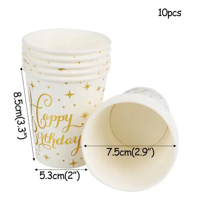 10pcs White and Gold Happy Birthday Paper Cups - 9oz - Partyshakes Tableware