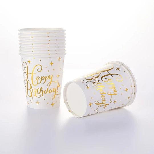 10pcs White and Gold Happy Birthday Paper Cups - 9oz - Partyshakes Tableware