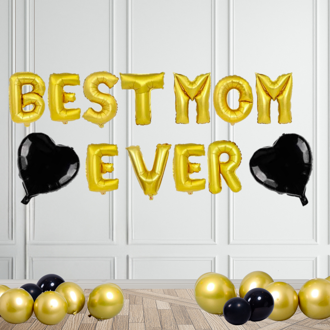 Best Mom Ever Gold Foil Balloon with Black Heart Balloons for Mother's Day Party - Partyshakes balloons