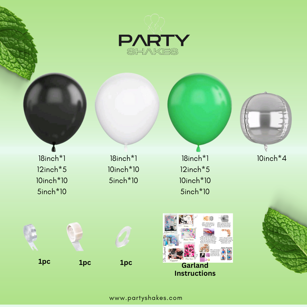 Enhance your celebration with our Stunning Biodegradable Green and Black Balloon Garland - suitable for any event, whether a summer party, Valentine's Day, birthday party, jungle-themed gathering, Safari theme party, baby shower, or gender reveal.