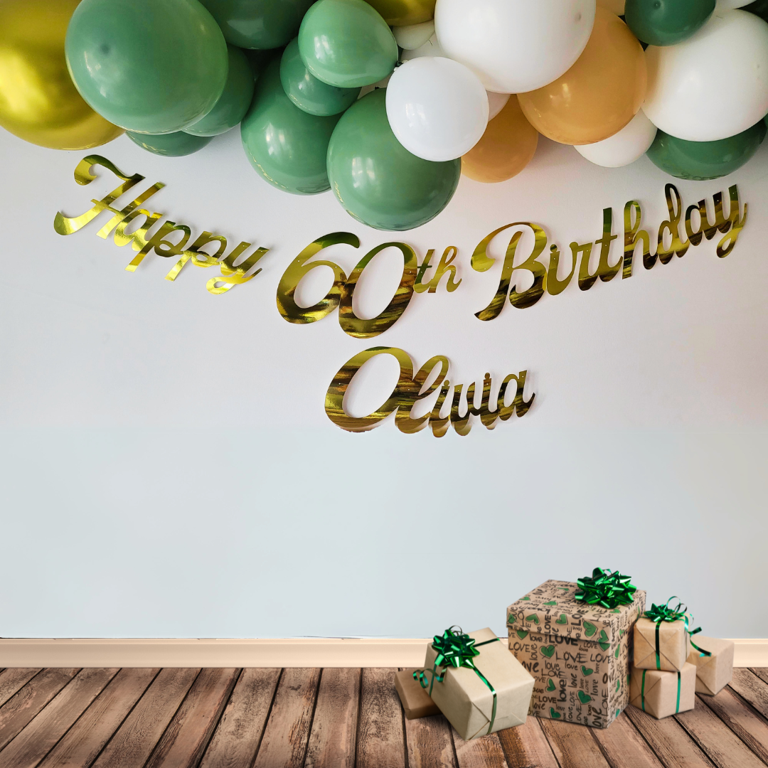 Enhance your loved one's milestone birthday celebration with this personalized Personalised Name Happy Birthday Gold Banner. Crafted from a 300gm gold satin card, our banner adds a touch of elegance and comes equipped with a clear string to blend into any decor or backdrop seamlessly for all Birthday parties.