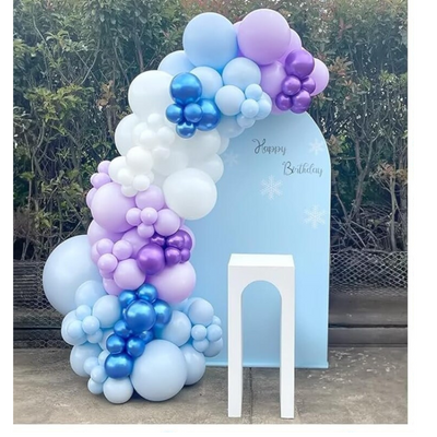 The double-layered frozen balloon garland arch is ideal for winter-themed events and will add a special touch to any occasion. Our carefully selected high-quality double-layered pastel purple, blue, and white balloons and metallic purple and blue balloons ensure long-lasting and visually stunning decor. This makes it perfect for various occasions such as frozen-themed birthday parties, baby showers, and kid birthdays