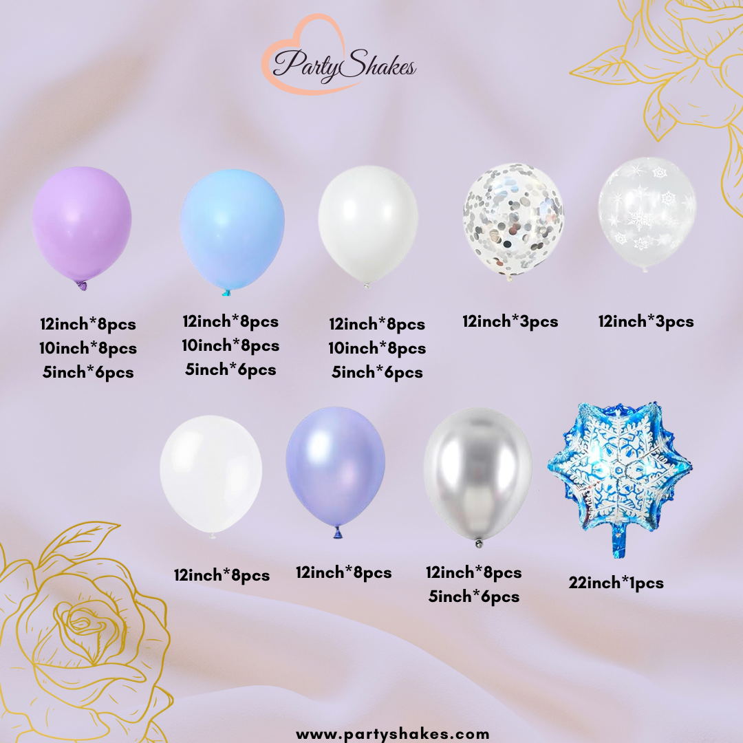 Create a magical winter wonderland with this Frozen Balloon Garland Arch Kit. Our design features carefully selected high-quality double-layered pastel purple, blue and white balloons with thick pearl white and purple balloons to ensure long-lasting, visually stunning decor that will elevate any occasion such as frozen-themed birthday parties, baby showers, and kid birthdays celebrations.