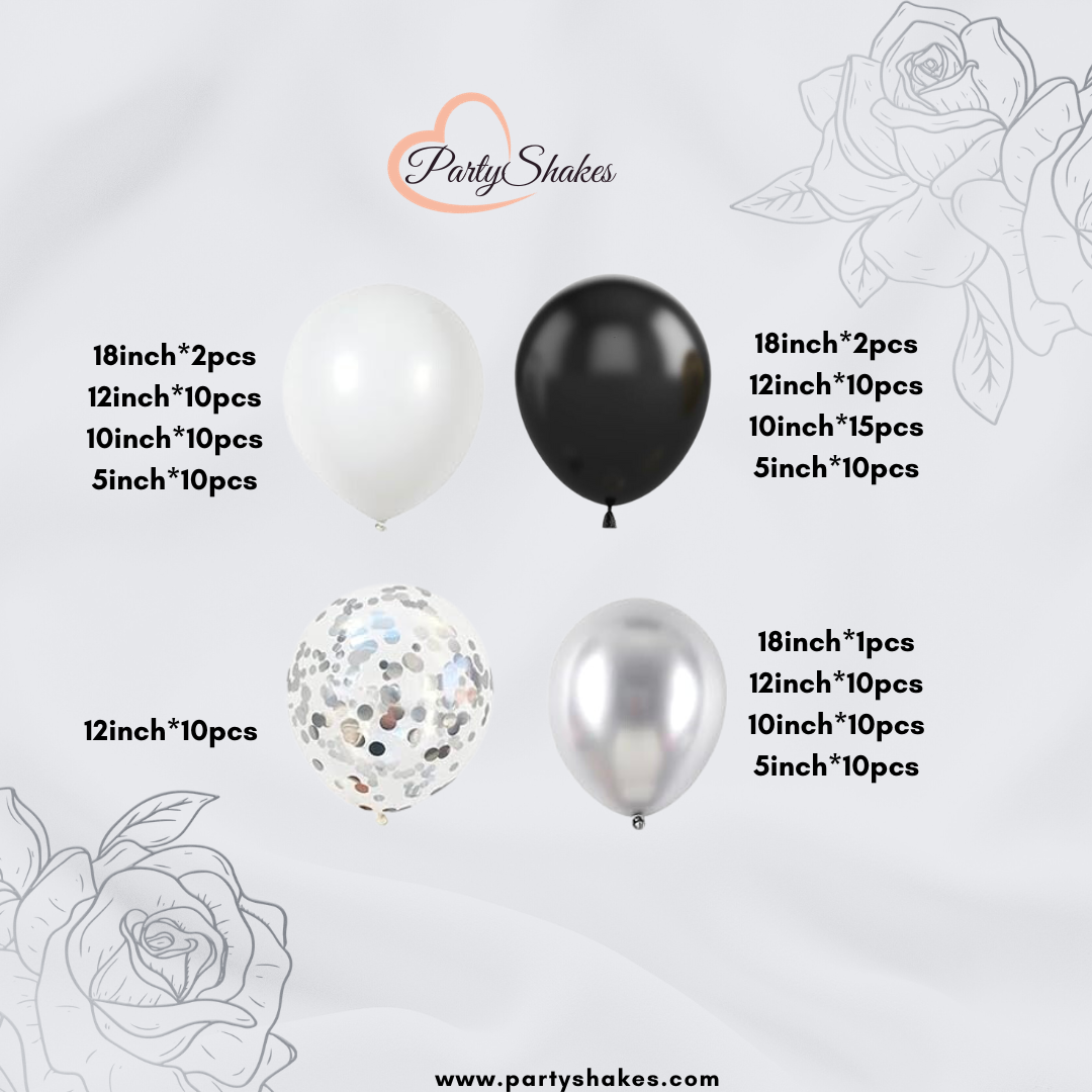 Double Layered Black and Chrome Silver Balloon Garland with Giant White Balloon
