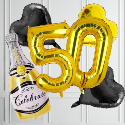Giant 40 Inch Gold 50th Birthday Number with Champagne Bottle Foil Balloon Set - Partyshakes balloons