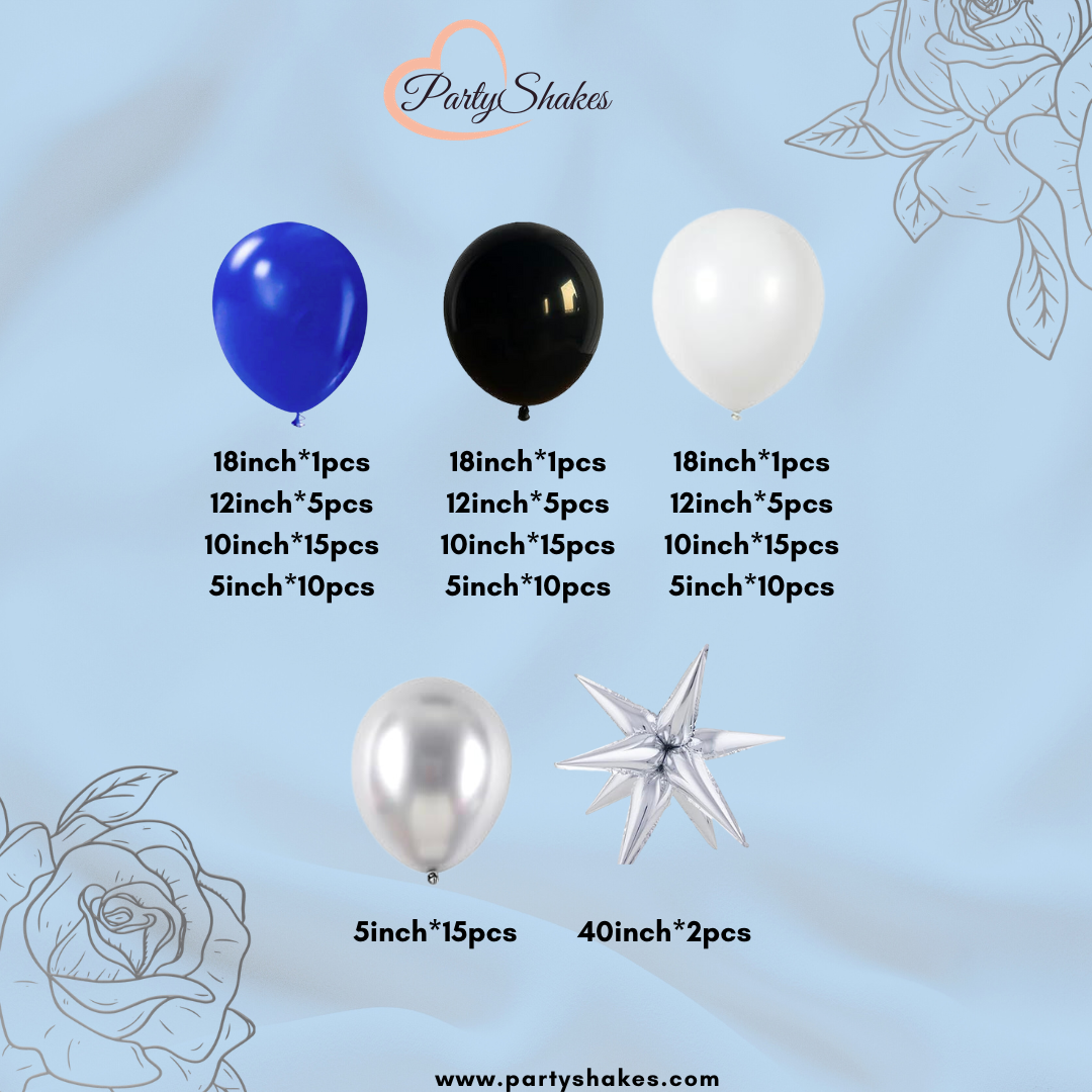 Featuring double layered White and Blue balloons with thick Black and 3D Silver stars is ideal for summer gatherings, baby showers, graduations, weddings, anniversaries and birthday celebrations. Create an eye-catching display with the included latex, navy blue, white, and transparent silver confetti balloons.