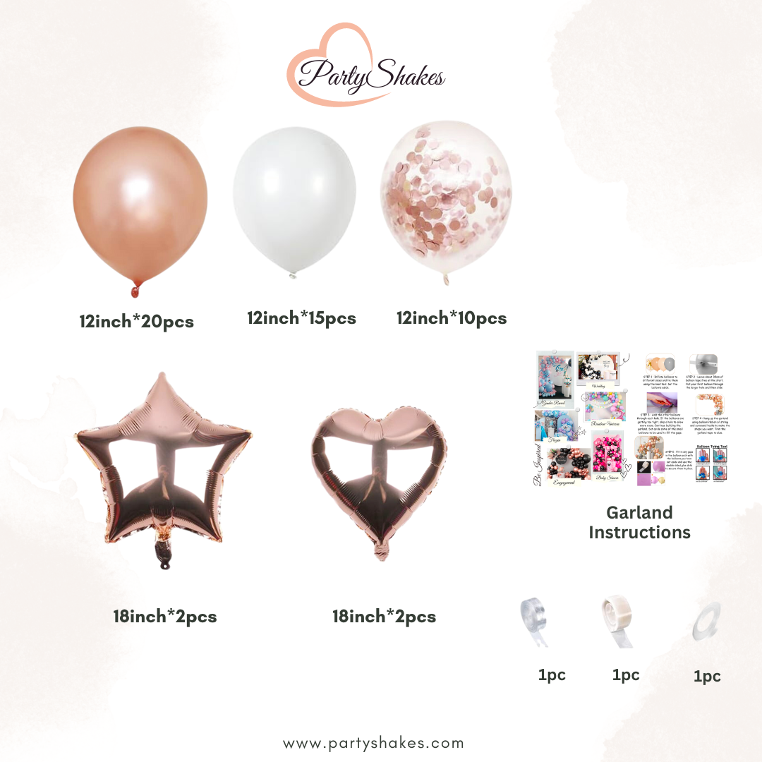 Rose Gold Latex Party Decoration Set with Heart and Star Foil Balloons