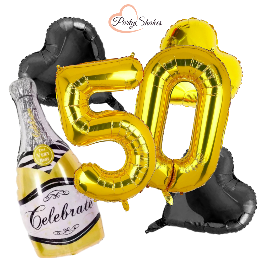 Giant 40 Inch Gold 50th Birthday Number with Champagne Bottle Foil Balloon Set - Partyshakes balloons