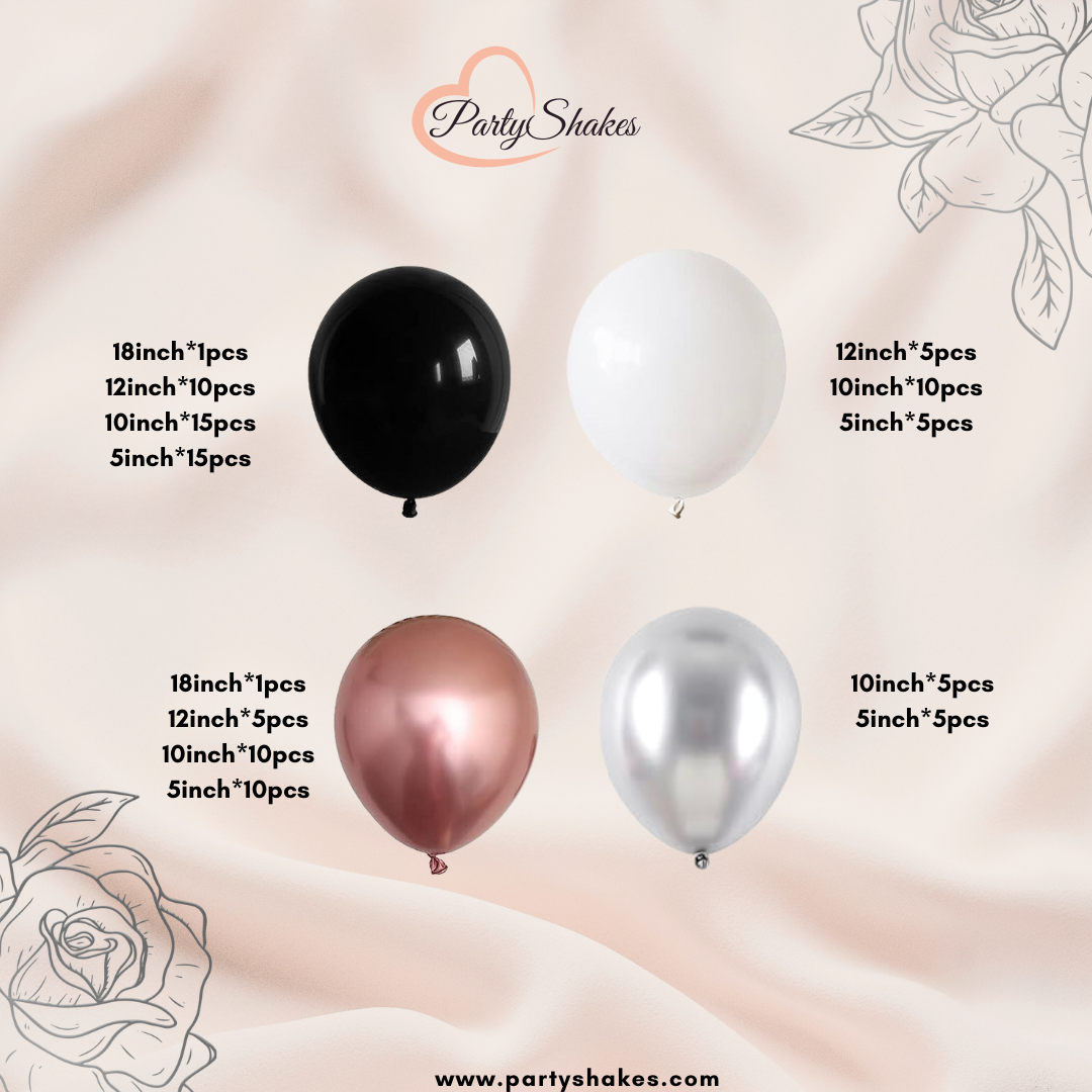 Create a stunning atmosphere for any occasion with our Double Layered Black and White Balloons with Metallic Rose Gold Party Balloon Arch. Whether it's for summer parties, graduations, weddings, birthdays, Valentine day, baby showers, festivals, anniversaries, or other special celebrations, this visually stunning arch will add the perfect touch. 