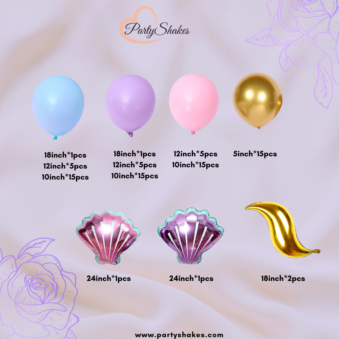 This Mermaid Gold Tail Balloon Garland Arch Set comes with double-layered pastel purple, pink and blue balloons to give your little one the perfect whimsical mermaid party.  Ideal for Mermaid parties, baby showers, birthday parties, and under-the-sea-themed celebrations, these balloons will bring your event to life and sure long-lasting, visually stunning decor that will elevate any occasion