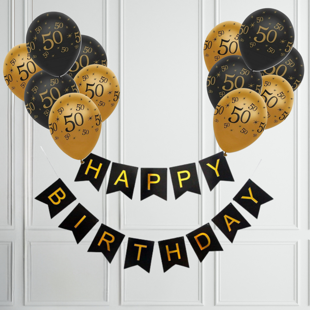 50th Black And Gold Happy Birthday Banner with Balloons - Partyshakes balloons