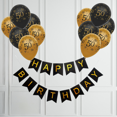 50th Black And Gold Happy Birthday Banner with Balloons