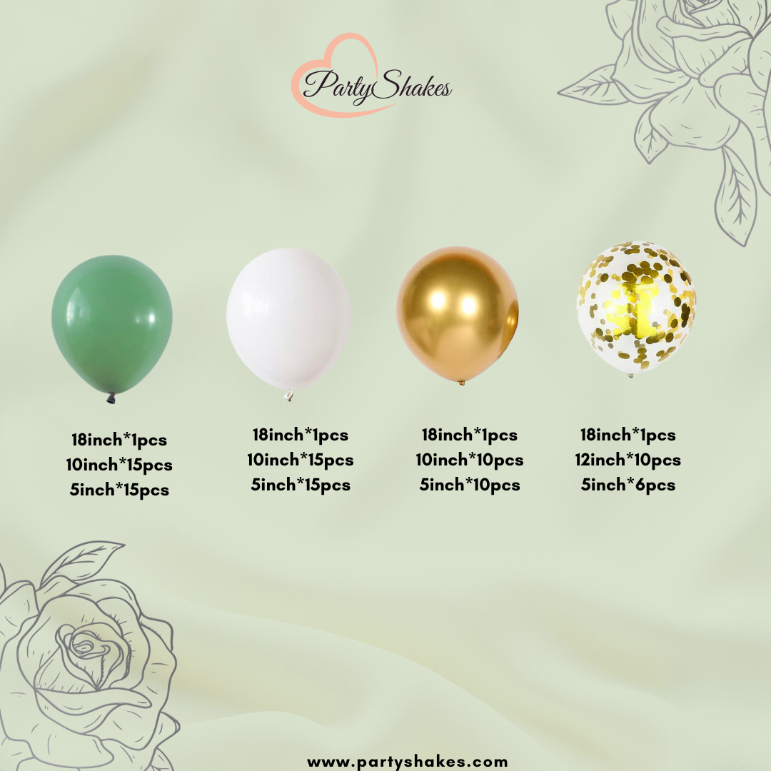 Double Layered Premium Sage Green, White and Gold Balloon Arch - Partyshakes Balloons