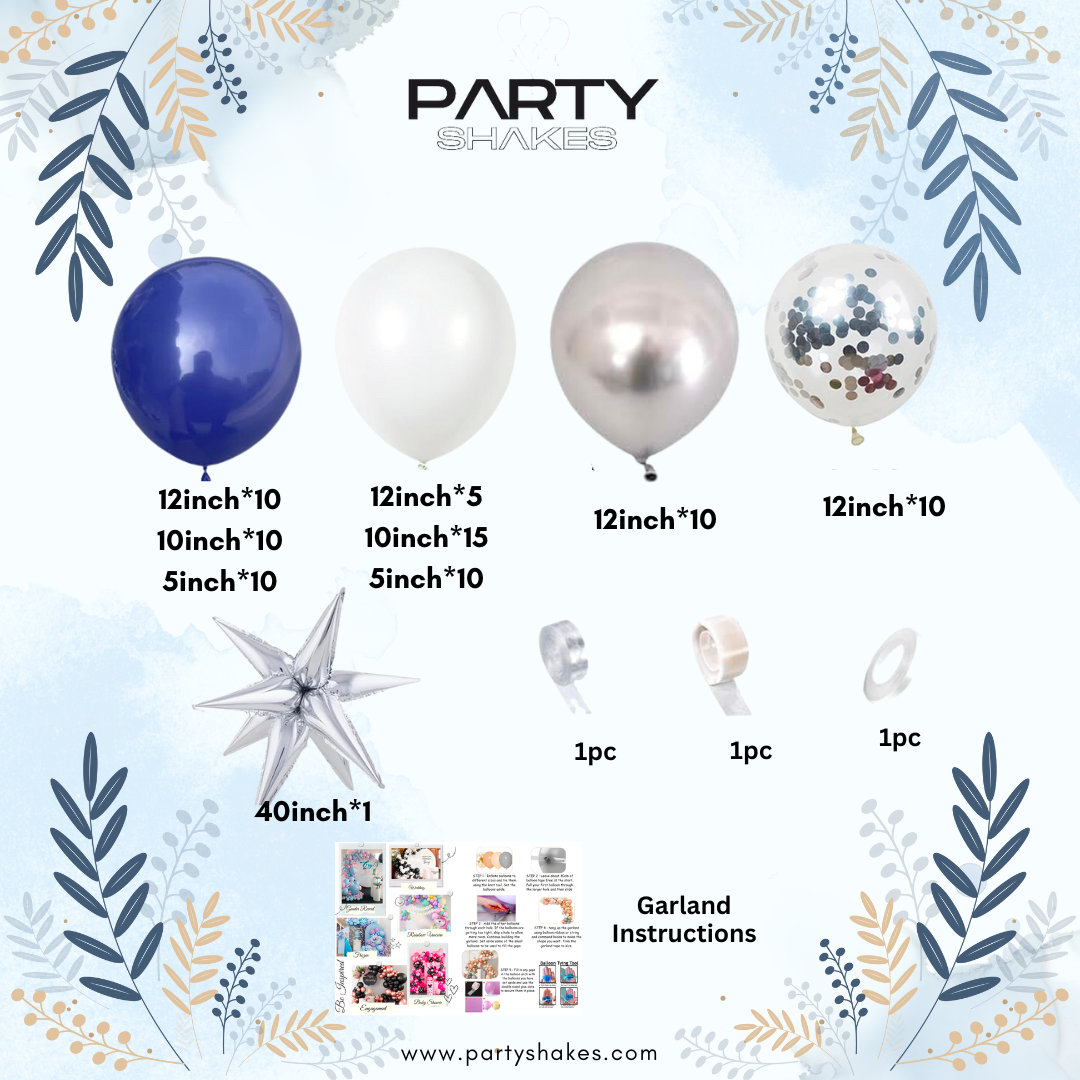 Create stunning balloon displays with this versatile Navy Blue Balloon and Silver Arch Kit. Perfect for birthdays, anniversaries, weddings, parties, and baby showers, this kit includes high-quality latex balloons in navy blue, white, and transparent silver confetti. 