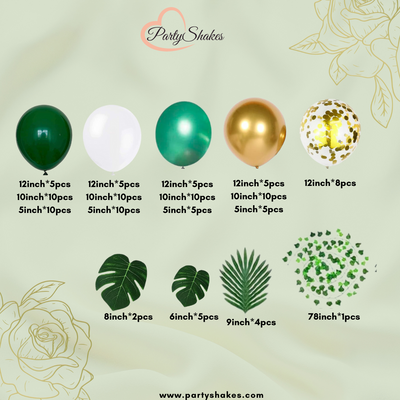 This Double Layered Green and Gold Botanical balloon garland includes all necessary items to construct a garland, making it perfect for Safari-themed, jungle-themed, Summer, baby shower, graduation, and other jungle-oriented events. Our design features carefully selected high-quality double-layered green and white balloons with metallic gold and confetti balloons to ensure long-lasting, visually stunning decor that will elevate any occasion.
