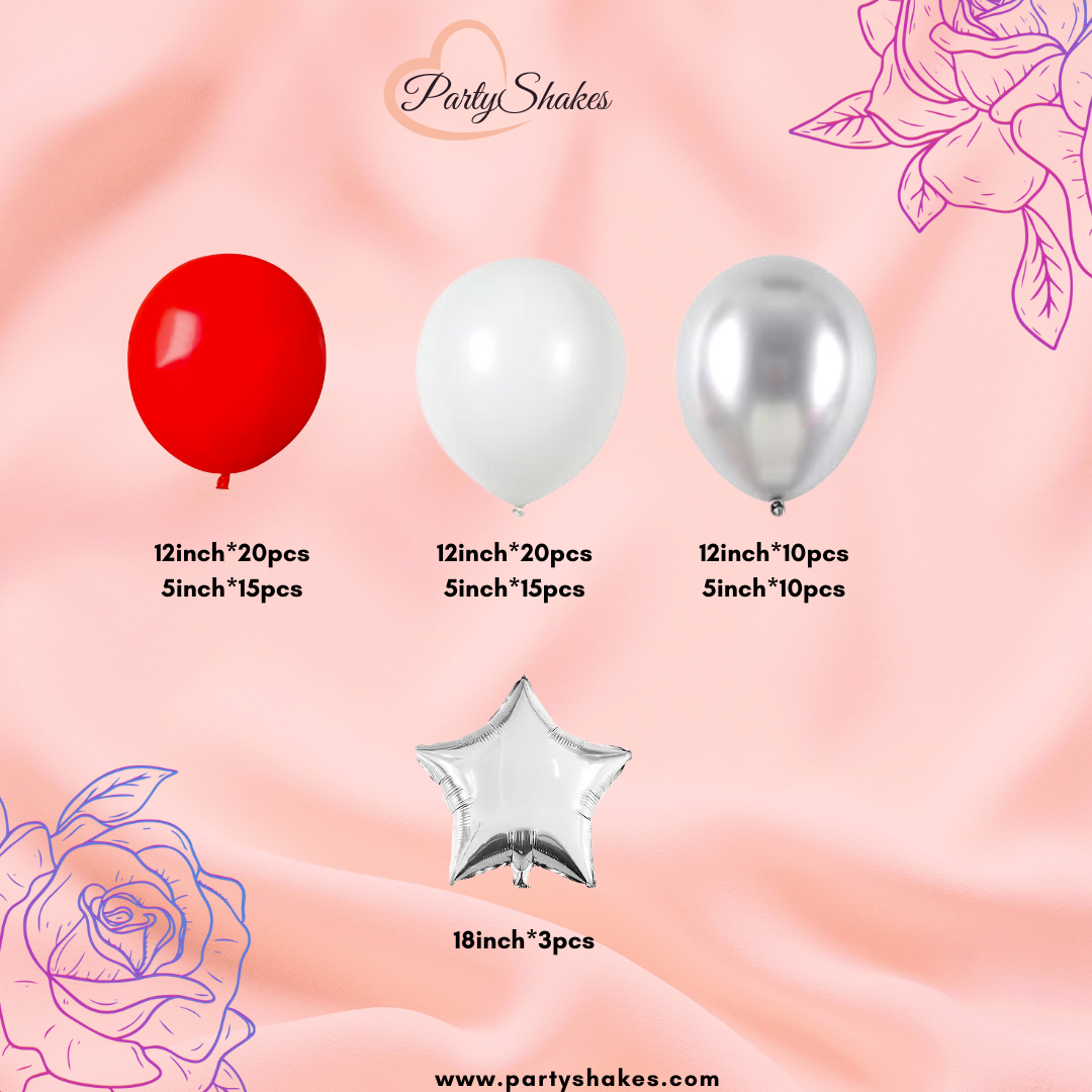 Double Layered Red and White Birthday Balloon Garland with Silver Foil Star Balloon - Partyshakes Balloons