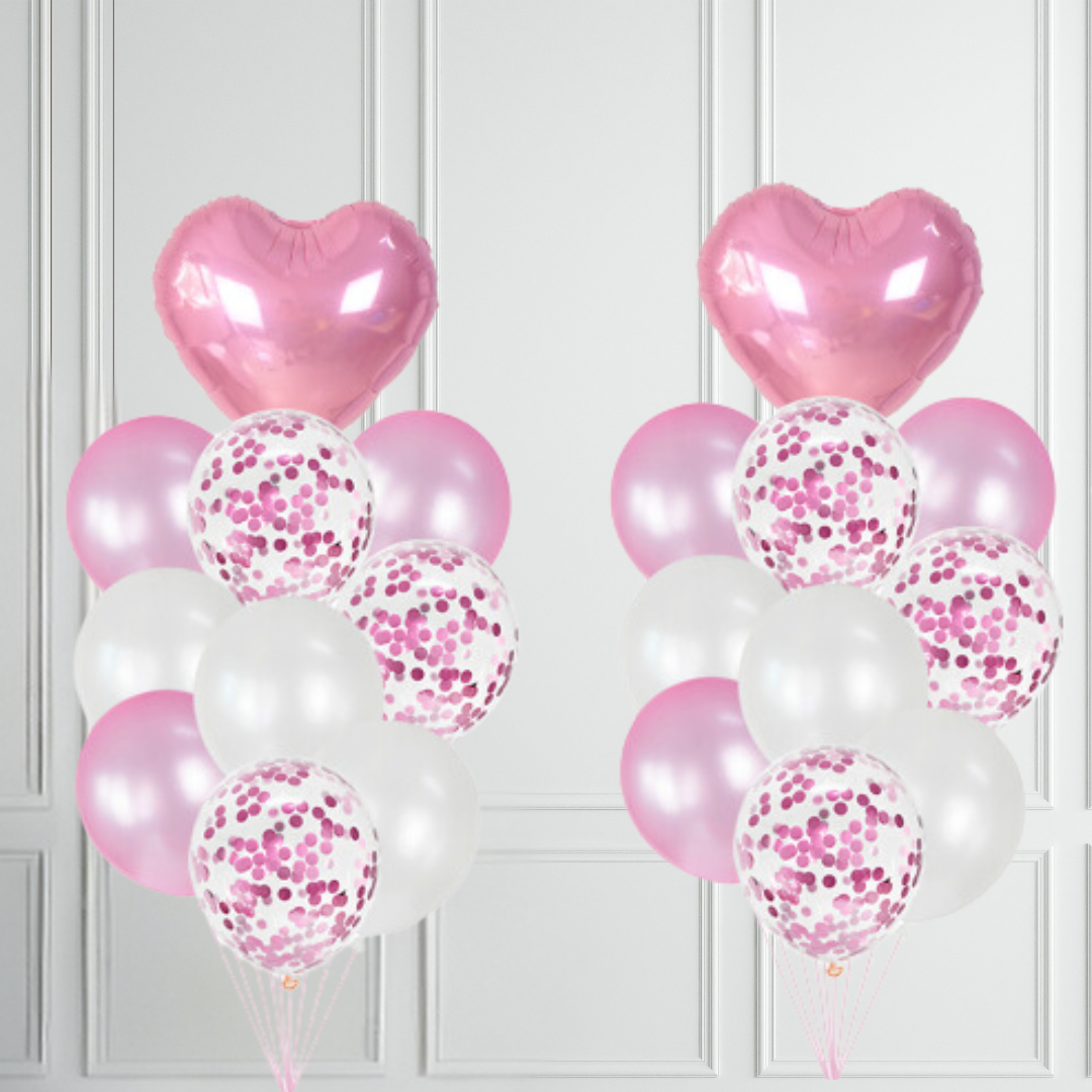 Pink Heart with Pearl Pink and White Balloon Bundle - Partyshakes Double Bouquet Balloons