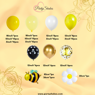 Enhance your occasion with the Bumble Bee Balloon Garland for Birthdays. Our design showcases carefully chosen, double-stuffed/layered Pastel Yellow, Yellow and White balloons for durable, visually striking decor that will elevate any event. The Garland includes Bumble Bee Foil balloons and white and black polka dots latex balloons, ideal for summer gatherings, Easter celebrations, and more. Crafted from eco-friendly natural latex balloons.