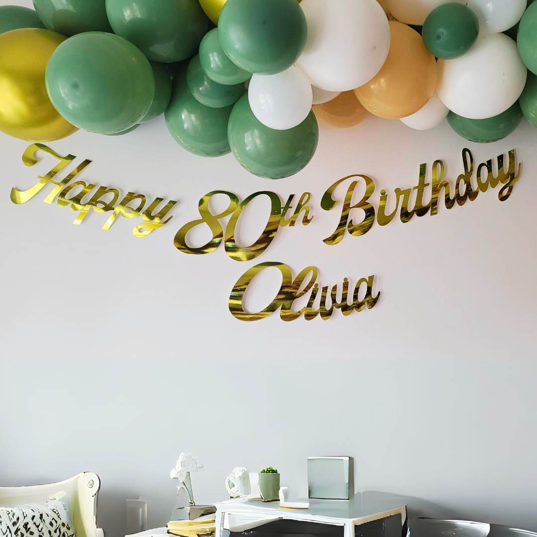 Enhance your loved one's milestone birthday celebration with this personalized Personalised Name Happy Birthday Gold Banner. Crafted from a 300gm gold satin card, our banner adds a touch of elegance and comes equipped with a clear string to blend into any decor or backdrop seamlessly for all Birthday parties.