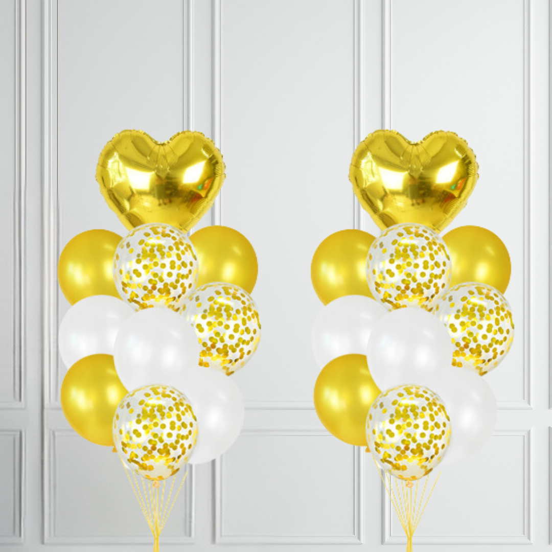 Gold Heart and White Balloon Bouquet