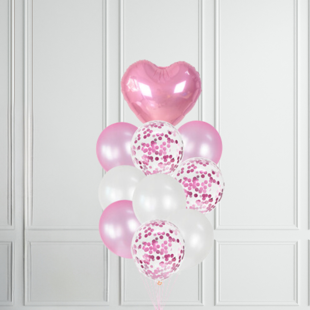 Pink Heart with Pearl Pink and White Balloon Bundle - Partyshakes Single Bouquet Balloons