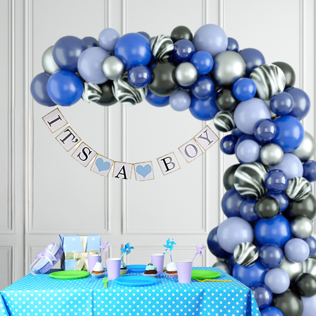 Our Balloon Garland Kit, featuring Double Layered Navy Blue and Blue-Grey balloons is perfect for decorating baby showers, or birthdays. The unique design includes double-layered navy and blue-grey balloons and thick marble balloons, all made from natural, biodegradable latex. With its long-lasting and visually stunning decor, this premium quality kit will elevate any special occasion, from boys' birthdays to baby showers, and graduations to weddings.