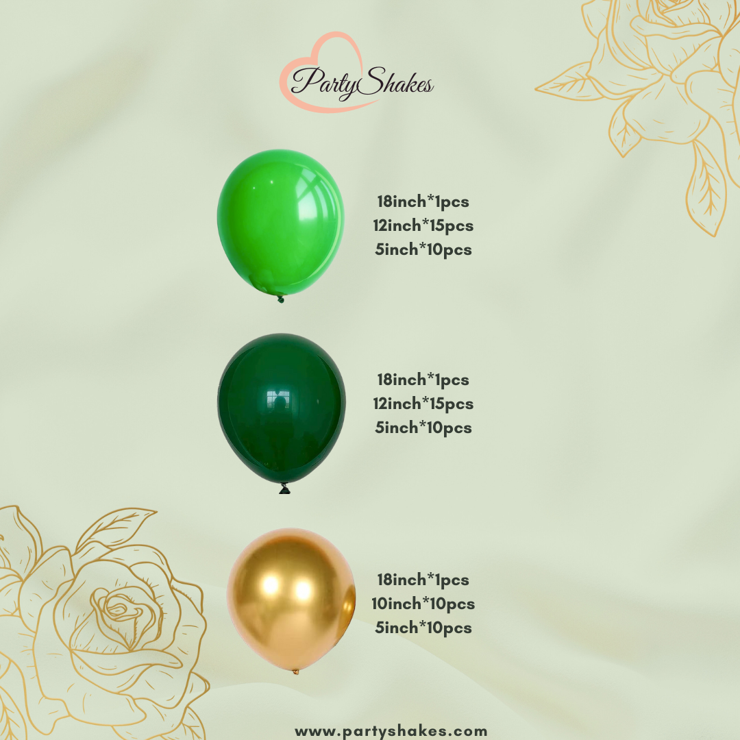 our double-stuffed/layered Light and Dark Green balloons will ensure long-lasting, visually stunning decor that will elevate any occasion. The Garland comes with metallic gold balloons perfect for summer gatherings, Easter celebrations, and more. Made from eco-friendly natural latex, these biodegradable balloons will make a stunning statement and demonstrate your commitment to sustainability.