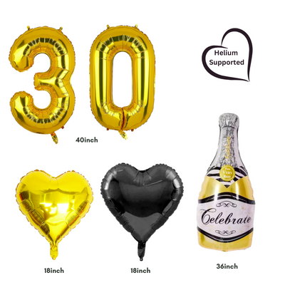 Giant 40 Inch Gold 30th Birthday Number with Champagne Bottle Foil Balloon Set - Partyshakes balloons