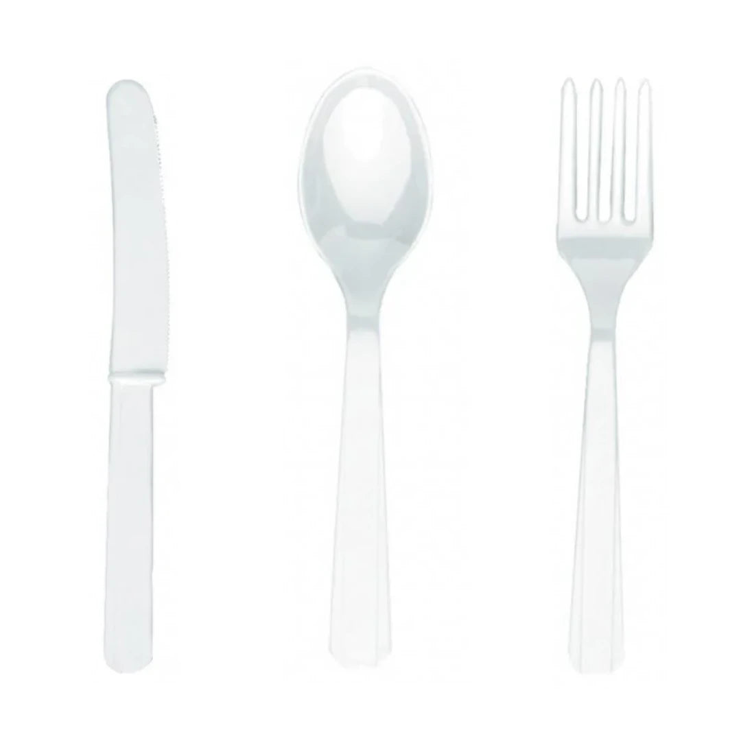 20 White Reusable Party Knives, Forks and Spoons - Partyshakes Spoons/Knives/Forks Tableware