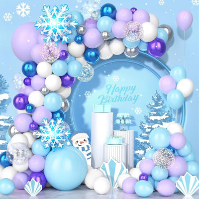 The double-layered frozen balloon garland arch is ideal for winter-themed events and will add a special touch to any occasion. Our carefully selected high-quality double-layered pastel purple, blue, and white balloons and metallic purple and blue balloons ensure long-lasting and visually stunning decor. This makes it perfect for various occasions such as frozen-themed birthday parties, baby showers, and kid birthdays
