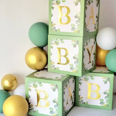 4pcs Sage Green Baby Blocks with Gold Letters, Baby Shower Boxes