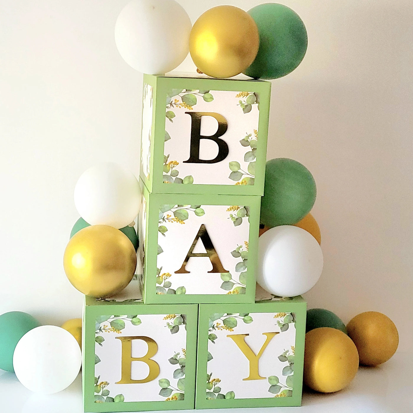 4pcs Sage Green Baby Blocks with Gold Letters, Baby Shower Boxes