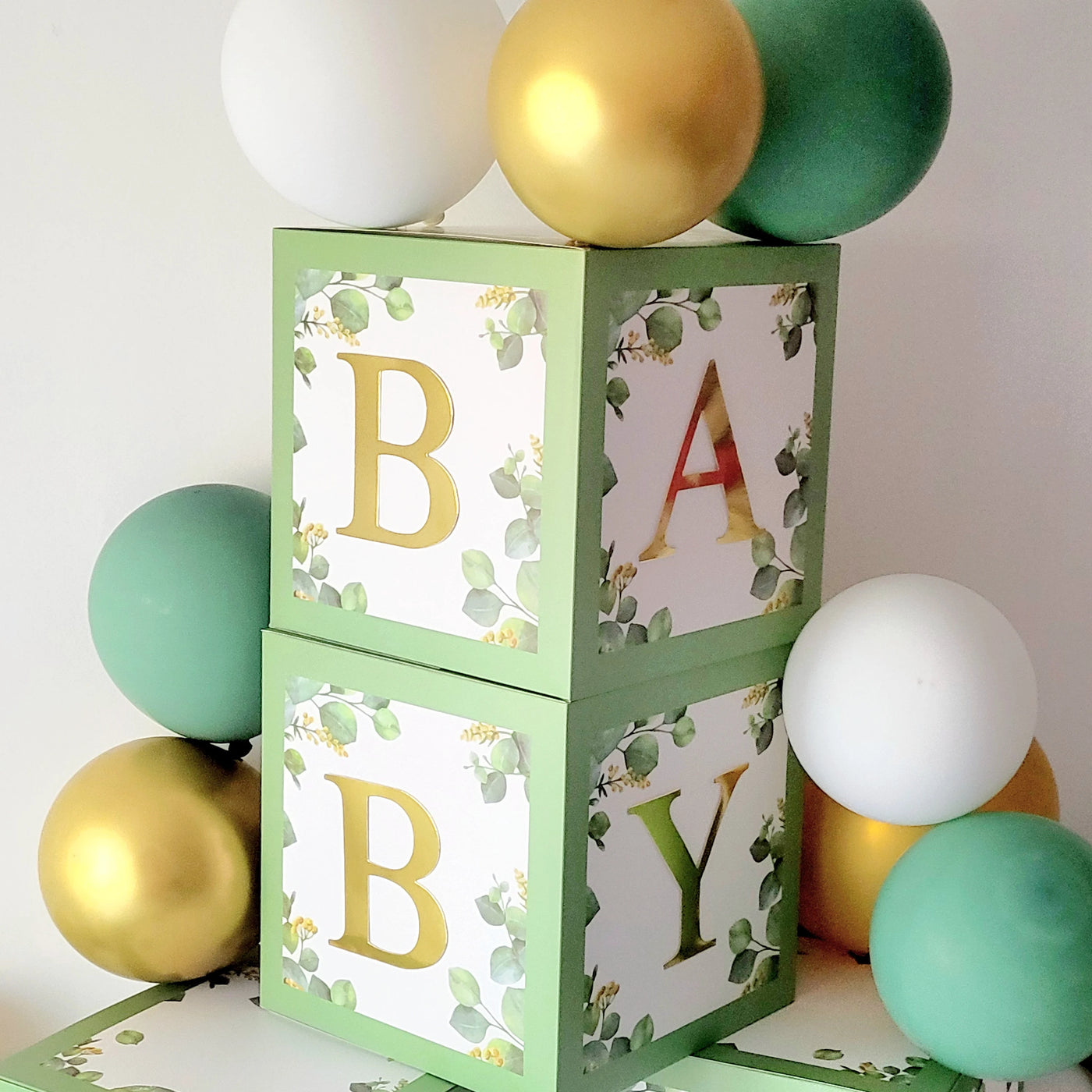 4pcs Sage Green Baby Blocks with Gold Letters, Baby Shower Boxes