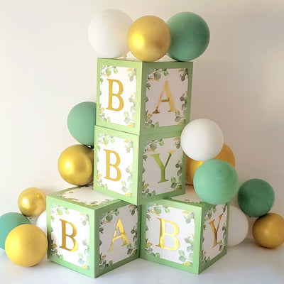 4pcs Sage Green Baby Blocks with Gold Letters, Baby Shower Boxes