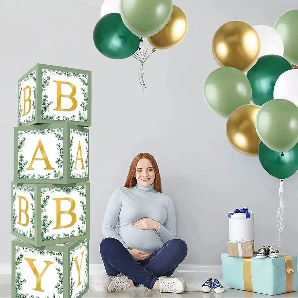 4pcs Sage Green Baby Blocks with Gold Letters, Baby Shower Boxes - Partyshakes Baby Blocks