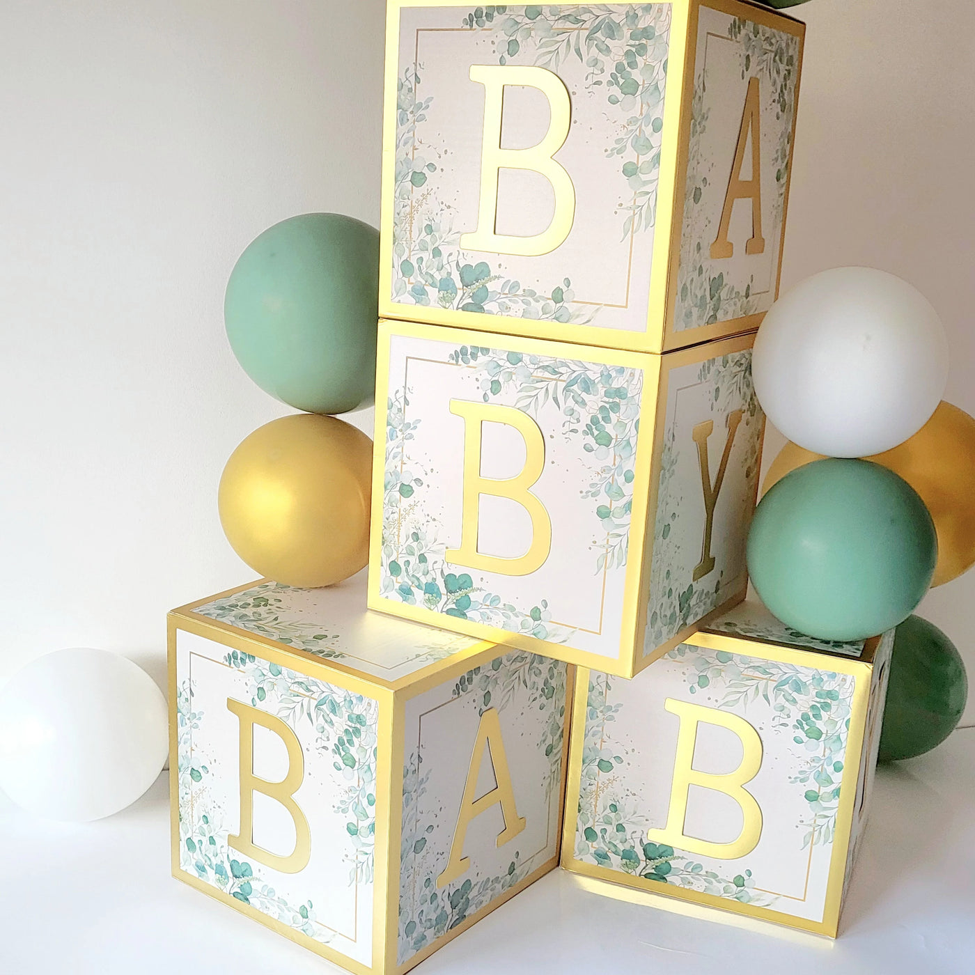 4pcs Sage Green Baby Blocks with Gold Letters for Baby Shower