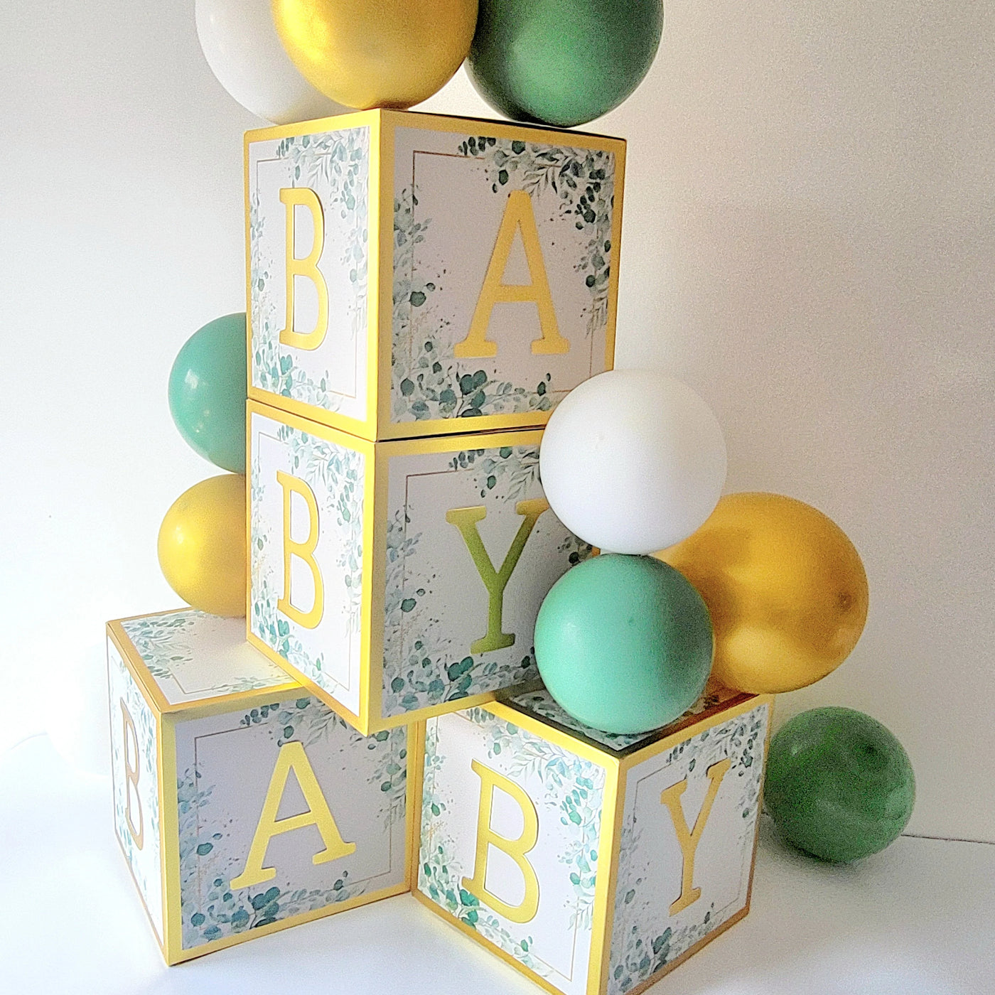 4pcs Sage Green Baby Blocks with Gold Letters for Baby Shower