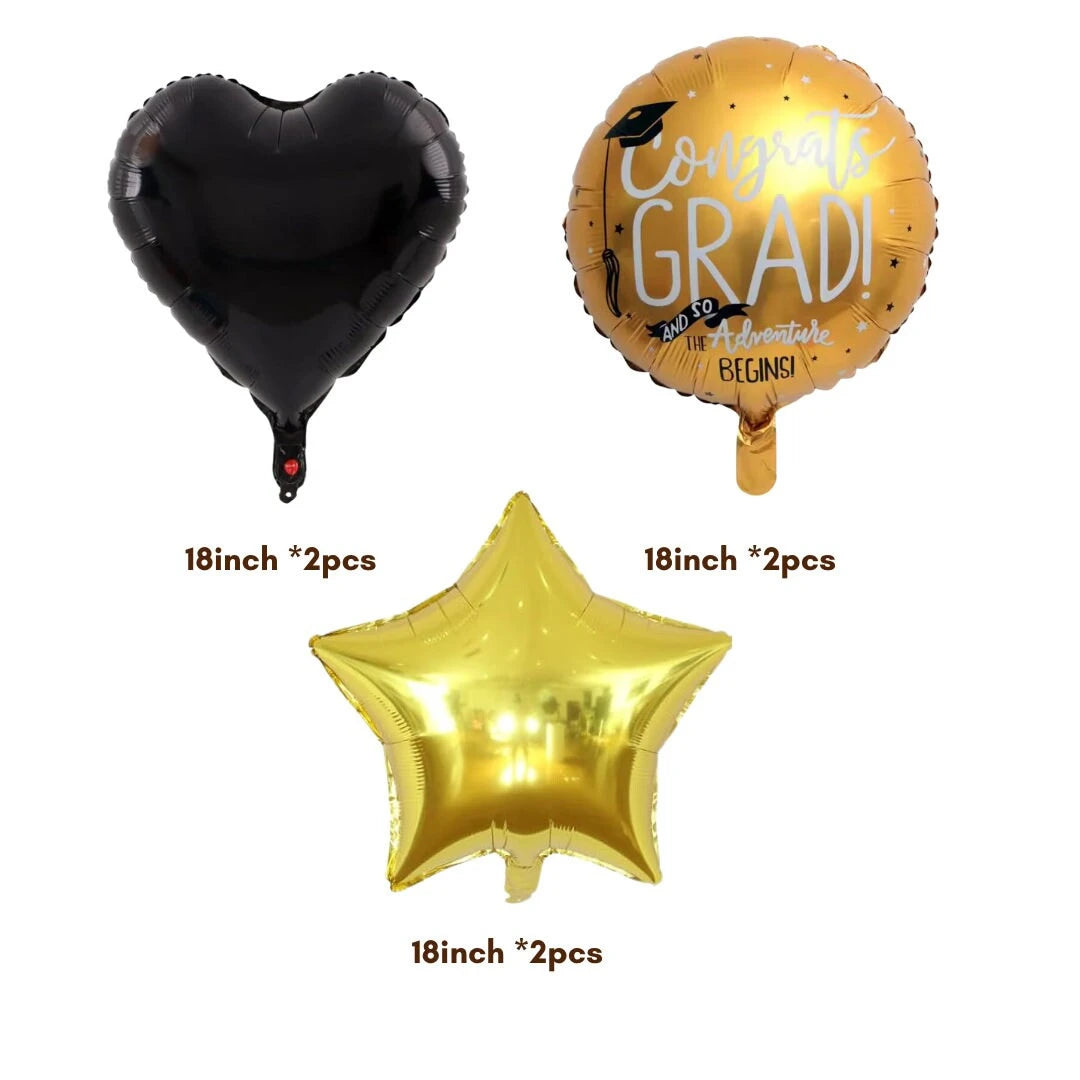 6 Piece Gold and Black Graduation Foil Balloons Set - Partyshakes balloons
