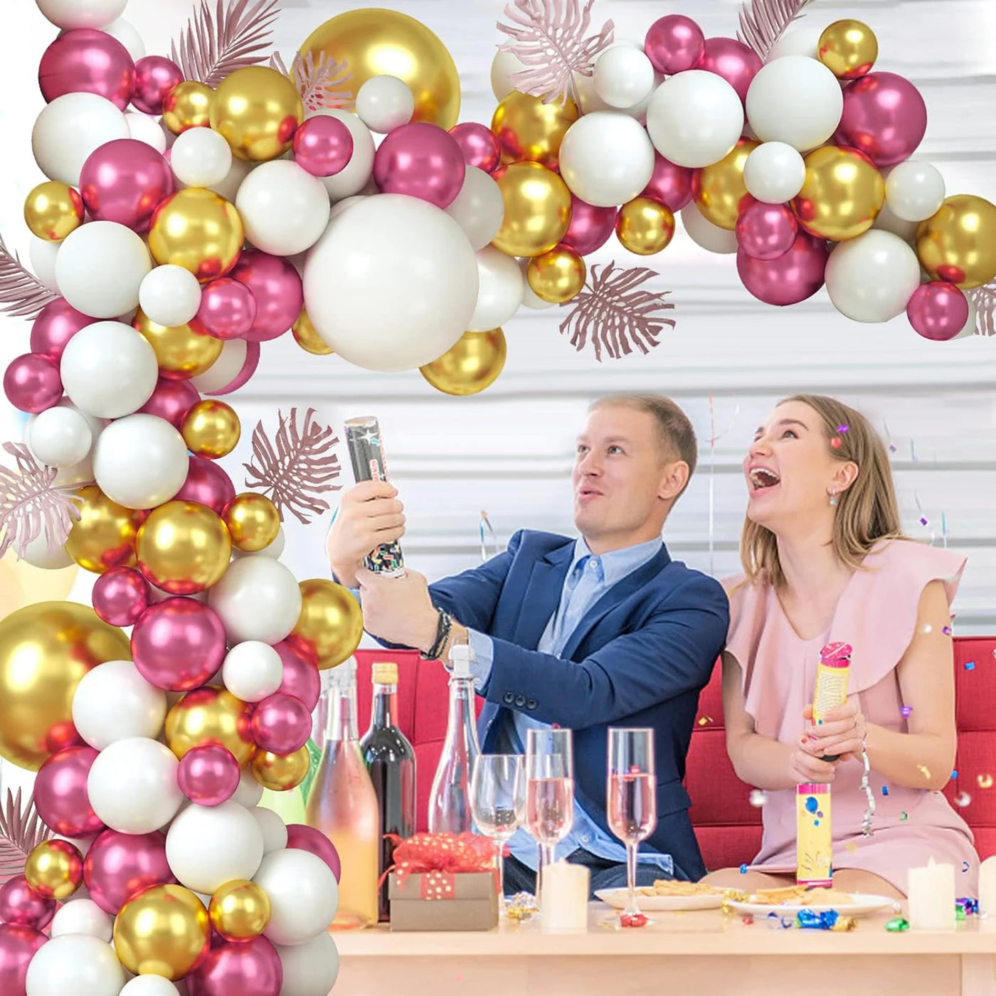Looking to elevate your next event with stunning and durable decorations? Our double layered White and Metallic Gold and Red Latex Balloon Garland Arch Kit is perfect for a variety of occasions, including weddings, Christmas, Valentine's, Graduations, and birthdays. 