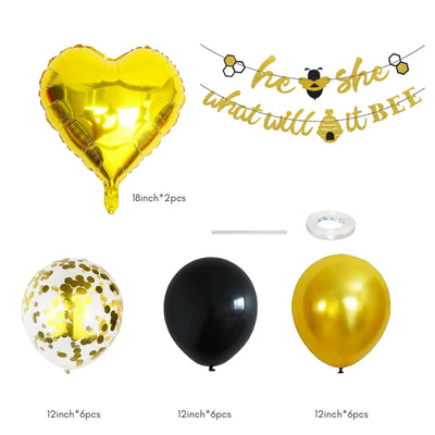 Gender Reveal Banner Gold Glitter He or She Bee, Balloon Bouquet Set - Partyshakes Gender Reveal