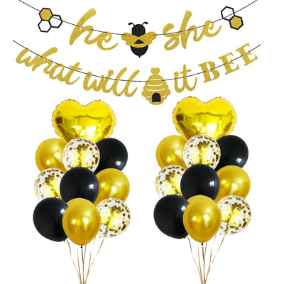 Gender Reveal Banner Gold Glitter He or She Bee, Balloon Bouquet Set - Partyshakes Gender Reveal