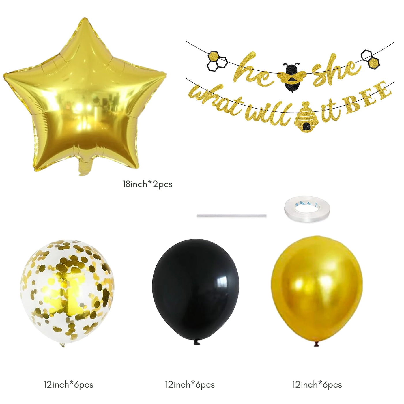 Gender Reveal Banner Gold Glitter He or She Bee, Star Gold Balloon Bouquet Set - Partyshakes Gender Reveal