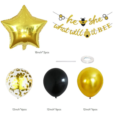 Gender Reveal Banner Gold Glitter He or She Bee, Star Gold Balloon Bouquet Set - Partyshakes Gender Reveal