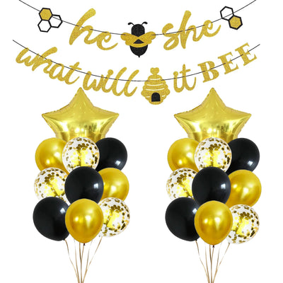 Gender Reveal Banner Gold Glitter He or She Bee, Star Gold Balloon Bouquet Set - Partyshakes Gender Reveal