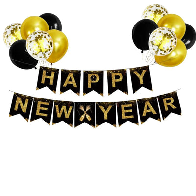 Happy New Year Black and Gold Balloon Banner