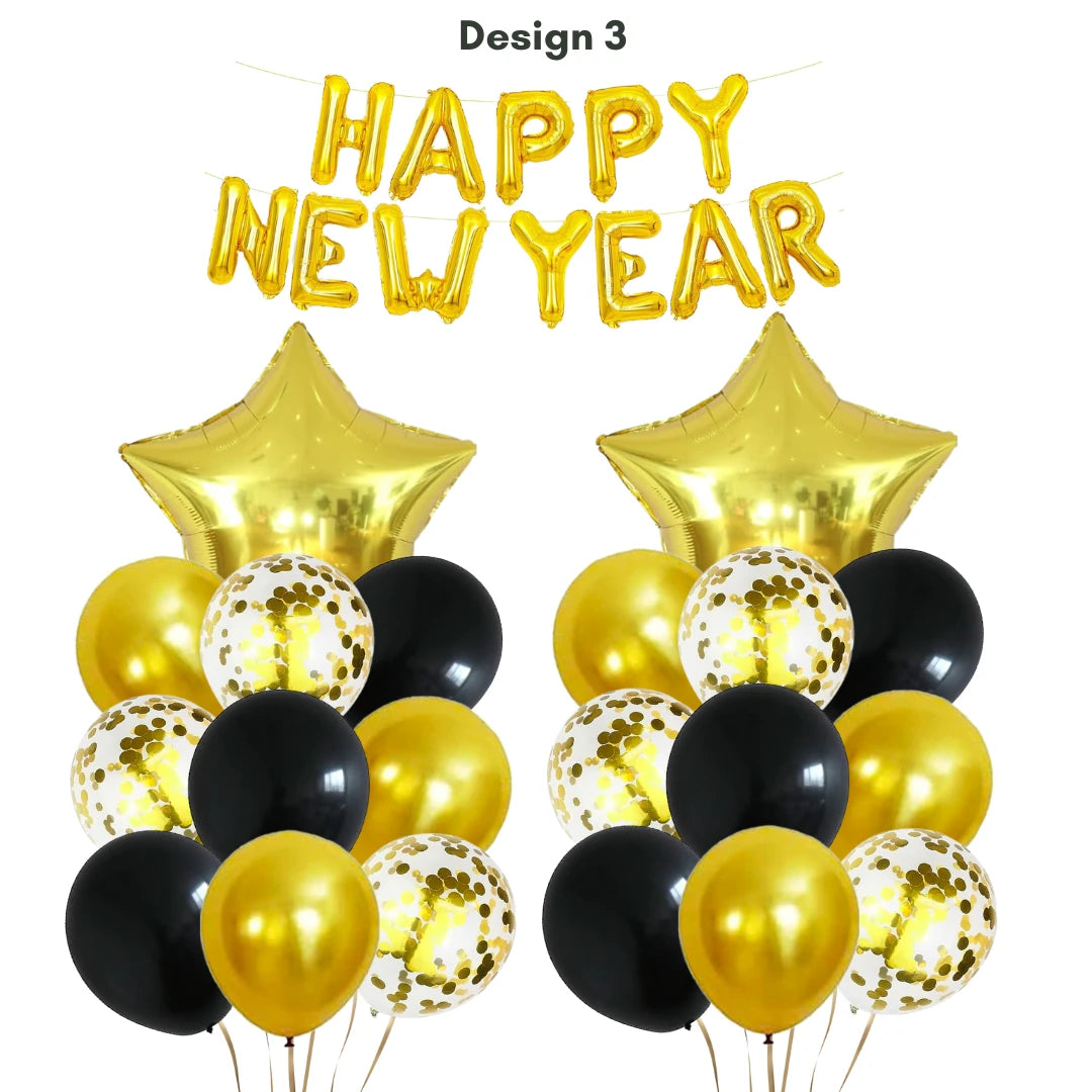 Happy New Year Black and Gold Balloon Banner