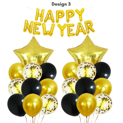 Happy New Year Black and Gold Balloon Banner