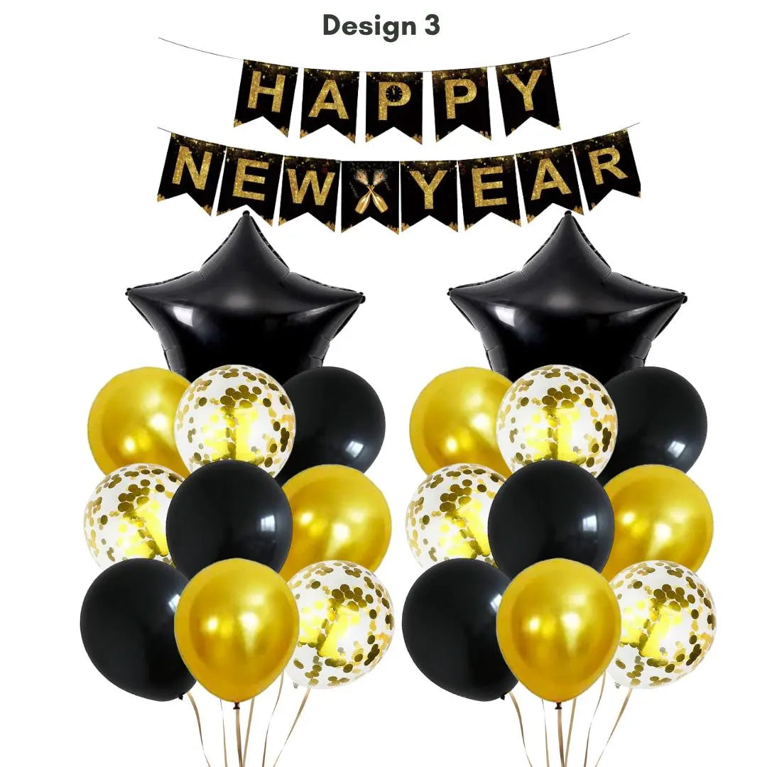 Happy New Year Black and Gold Balloon Banner