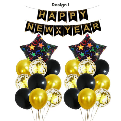 Happy New Year Black and Gold Balloon Banner